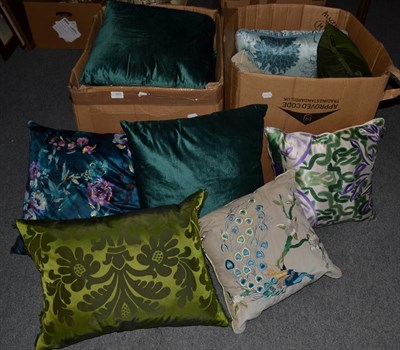 Lot 355 - Two boxes of modern scatter cushions including embroidered examples