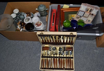 Lot 357 - Two boxes of assorted items including reproduction pot lids, table lamp, Hornsea pottery and...