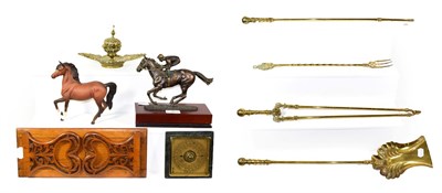Lot 363 - Brass ink stand, fireside companion set, oak book slide, Naples bisque figure, Royal Doulton...