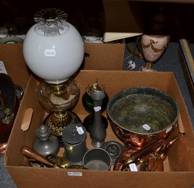 Lot 373 - Two Victorian oil lamps, copper pedestal bowl, two brass grain scoops, pewter, etc (qty)