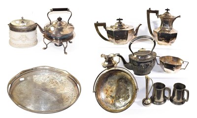 Lot 374 - A group of 19th century and later silver plated tea and other wares including a spirit kettle and a