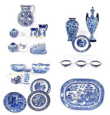Lot 375 - A group of 19th century and later decorative blue and white pottery including Spode Italian...