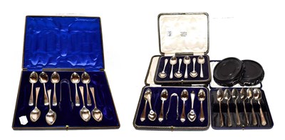 Lot 376 - Four cased sets of silver teaspoons, two with tongs. Comprising two sets of six and an...