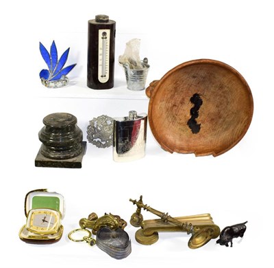 Lot 379 - A Robert 'Mouseman' Thompson oak fruit bowl (damaged), furniture handles, barometer etc