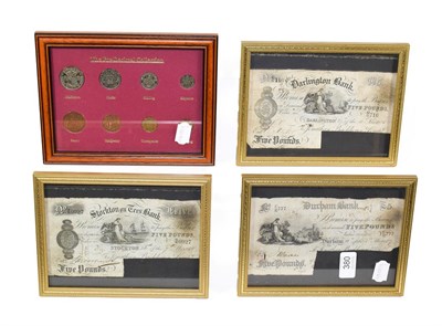 Lot 380 - Three framed Victorian bank notes, Darlington, Durham and Stockton-on-Tees £5 notes and a...