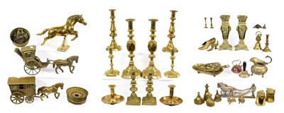 Lot 386 - Early 19th century and later metalwares including brass candlesticks, horse brasses, horse and...