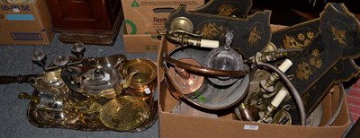 Lot 390 - A group of metal wares including copper coal scuttle, brass jam pans, plated wares, powder...