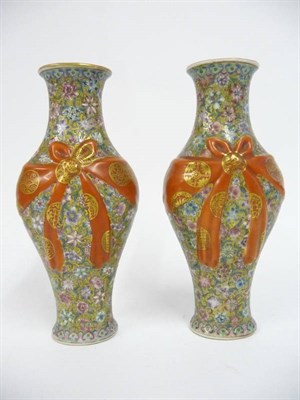 Lot 146 - A Pair of Chinese Porcelain Flattened Baluster Vases, late 19th/20th century, with orange...