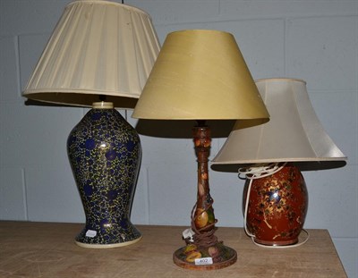 Lot 402 - Two Kashmir lacquered papier mache table lamps and another decorative lamp (3)