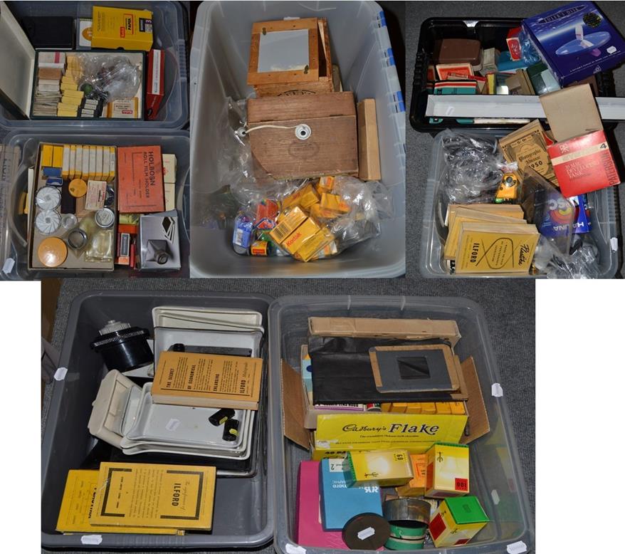 Lot 405 - Various darkroom equipment, compact cameras, film and other items (seven boxes)