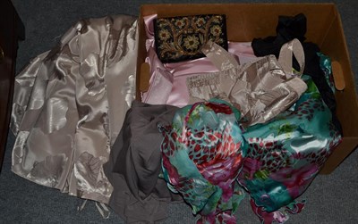 Lot 406 - Assorted modern ladies high street costume, quantity of scarves and modern bags in three boxes
