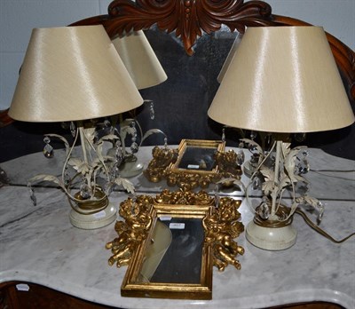 Lot 407 - A pair of foliate table lamps with glass droplets, together with a gilt framed Classical style pier