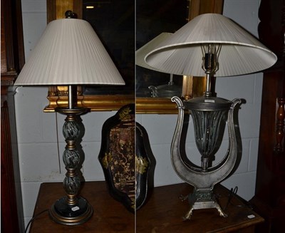 Lot 413 - Two modern silvered metal and glass table lamps, one of lyre form