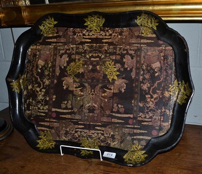 Lot 414 - A Victorian lacquered tray by Jennens & Bettridge, later decoration, stamped marks verso (a.f.)