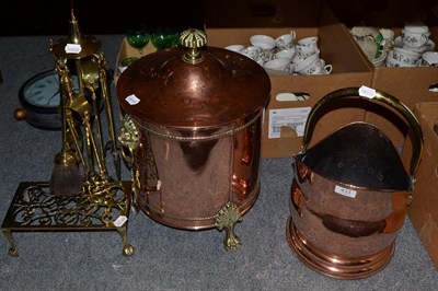 Lot 433 - 19th century copper and brass fireside items including copper log bin and cover with brass...