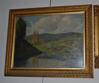 Lot 1004 - ~ Continental School (19th/20th century), View of a lake, indistinctly signed, oil on board,...