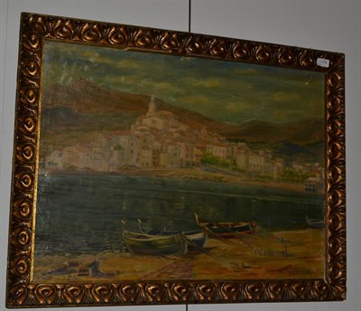 Lot 1006 - ~ Pera Planells (20th century) Fishing harbour with town beyond, signed and dated 1940, oil on...