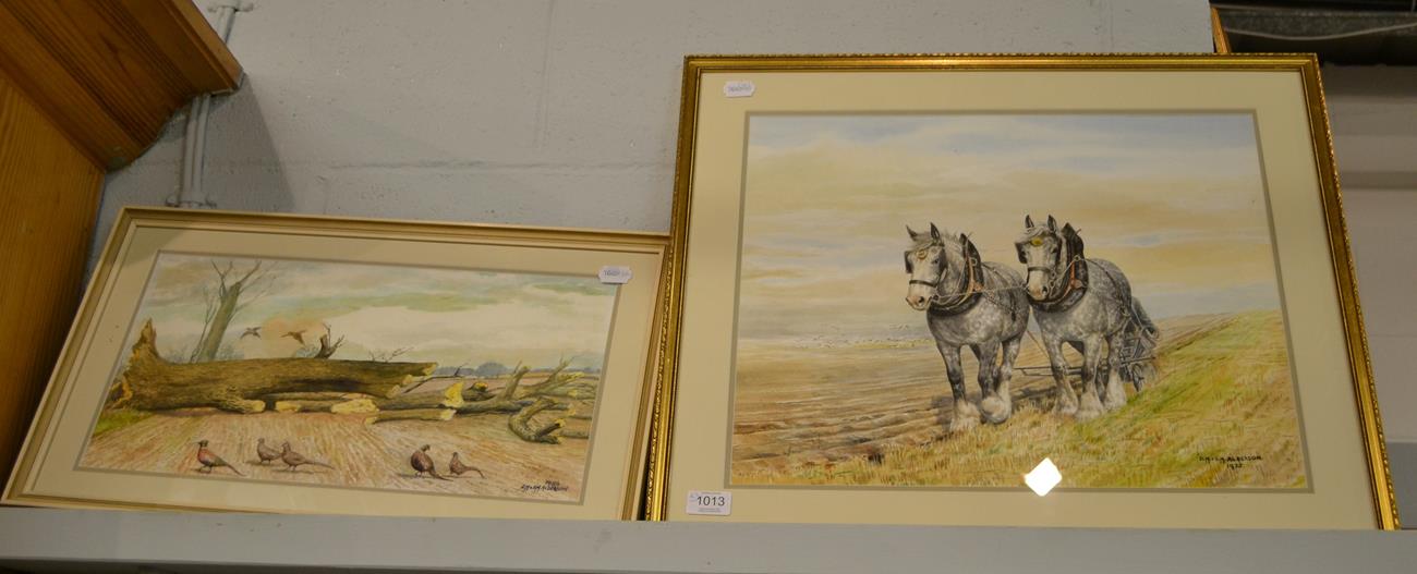 Lot 1013 - DM & EM Alderson (later 20th century) Plough team of dapple grey heavy horses, signed and dated...