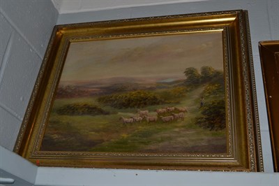 Lot 1017 - British School (early 20th century) Shepherd and flock in an extensive landscape, mongrammed...