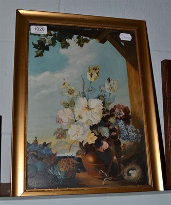 Lot 1020 - A.H.D. (19th century) Still life of flowers, fruit and birds eggs, initialled