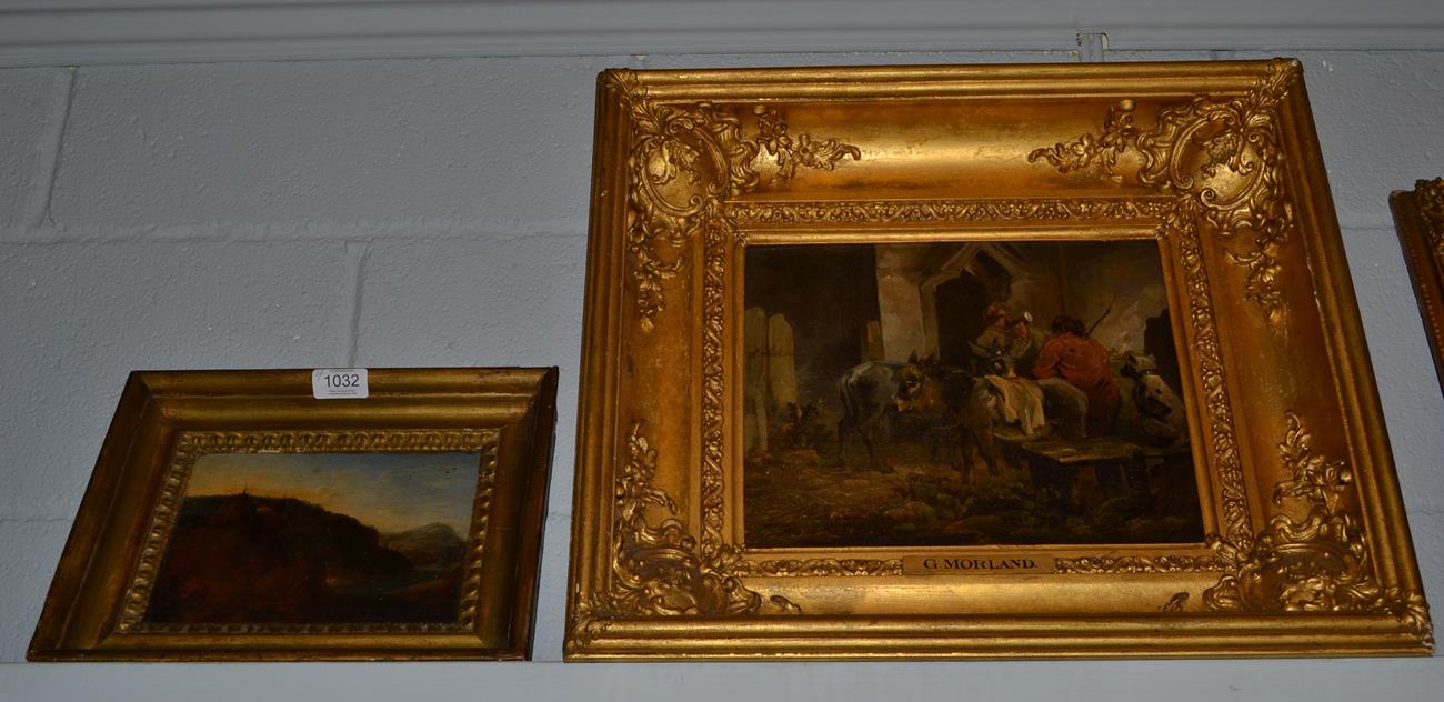 Lot 1032 - After George Morland (1763-1804), Travellers in repose at a doorway, bears signature, oil on...