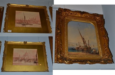 Lot 1034 - Circle of William Gershom Collingwood (1854-1932), Harbour scene with view of cathedral beyond,...