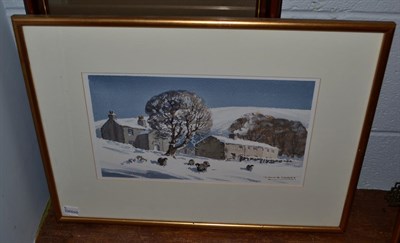 Lot 1045 - Donald Crossley (20th century) Sheep grazing in a snowbound landscape, signed, watercolour,...