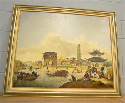 Lot 1048 - Manner of George Chinnery, Busy waterway in the Orient, oil on canvas, together with a...