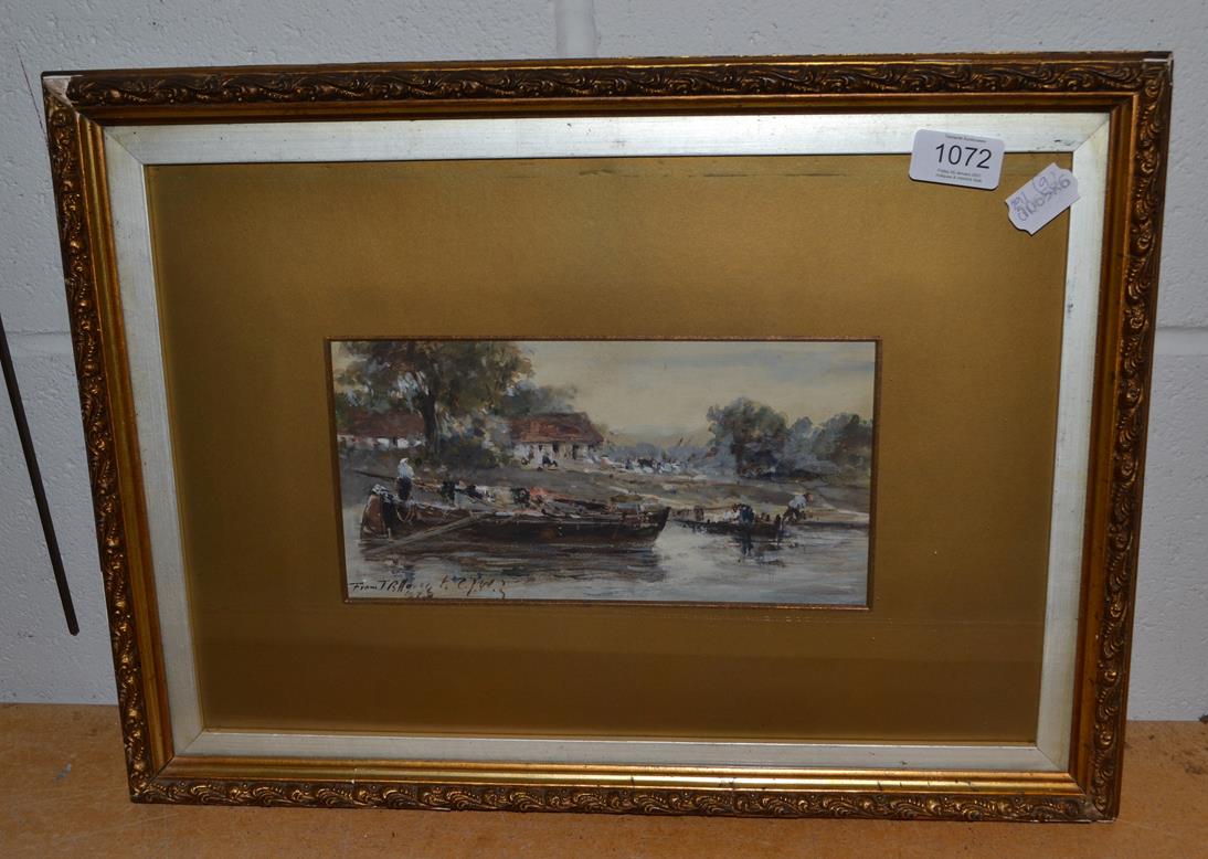 Lot 1072 - British School (19th century), Laden vessels moored at a bankside, indistinctly signed and...