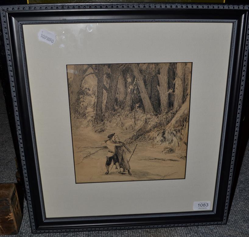 Lot 1083 - Alexander Jamieson (1873-1937) Scottish, figures in a woodland, signed, pen and ink, 24cm by 22.5cm