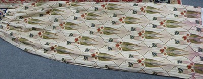 Lot 1088 - Woven floral curtains on cream with stylised flower heads, 190cm wide and 260cm drop, with blackout