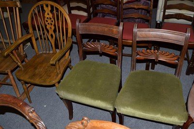 Lot 1107 - A pair of Regency carved mahogany dining chairs, a pair of Victorian balloon back chairs and a...