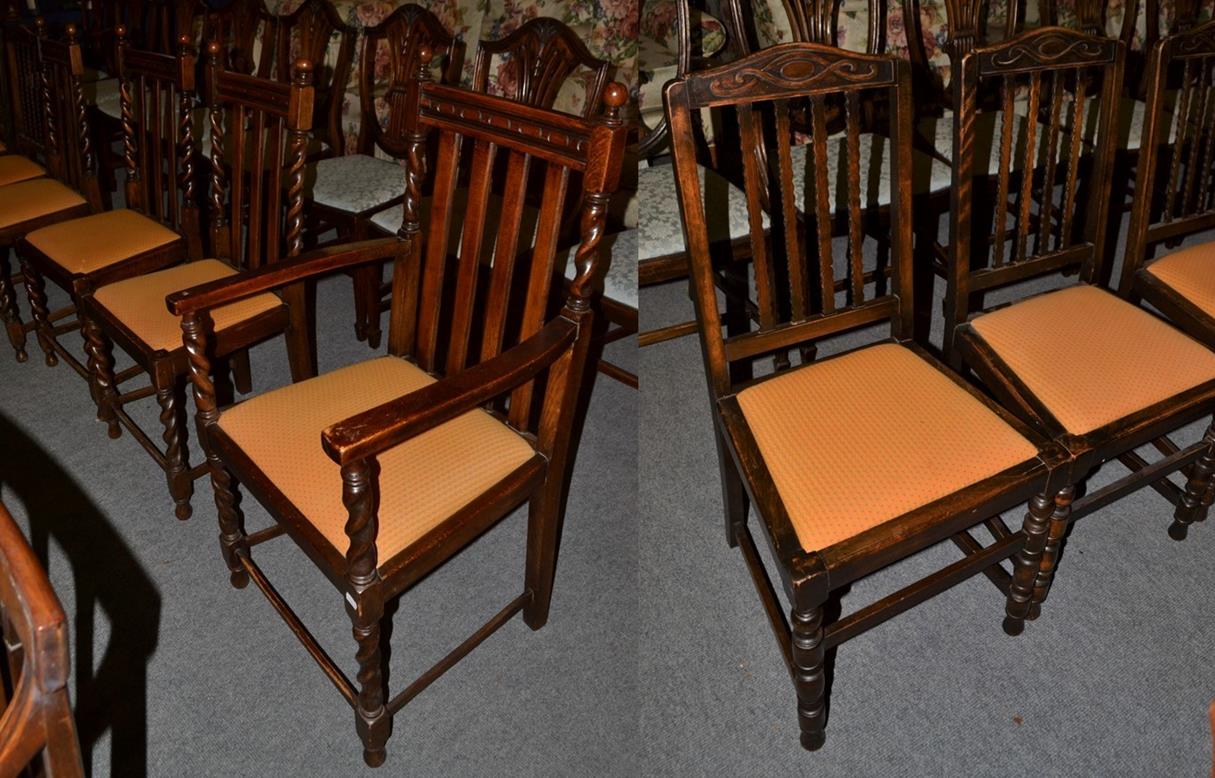 Lot 1123 - Two sets of four George V dining chairs, one set with barley twist supports including a carver...