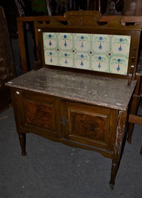 Lot 1189 - An Edwardian marble top tile back washstand, together with an Aesthetic movement bamboo...