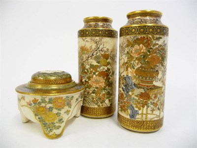 Lot 170 - A Pair of Japanese Earthenware Small Cylinder Vases, late Meiji period (1868-1912), each with...