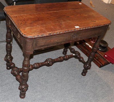 Lot 1226 - A Victorian carved oak library table with two small drawers, turned legs and H-stretcher, 95cm...