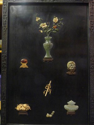 Lot 175 - A Chinese Lacquer Rectangular Panel, 19th century, inlaid in hardstone, bone and ivory with a...