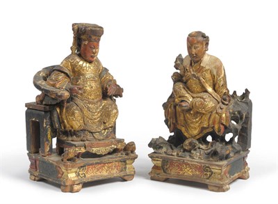 Lot 176 - A Pair of Chinese Carved, Parcel Gilt and Polychrome Painted Figures of Enthroned Dignitaries, late