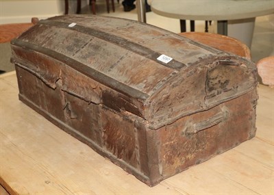 Lot 1297 - ~ A 19th century wooden bound hide dome top trunk, 78cm by 38cm by 30cm high