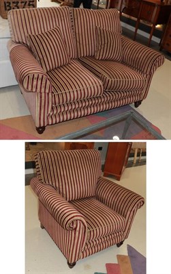 Lot 1316 - A red and gold striped two seater settee together with a matching armchair