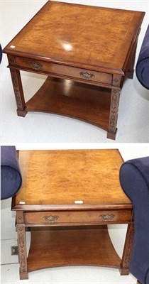 Lot 1322 - A pair of reproduction crossbanded burr walnut low tables, each decorated with blind fretwork,...