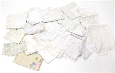 Lot 2005 - Assorted White Linen and Cotton Cloths, tray cloths with lace and crochet trims, drawn thread...
