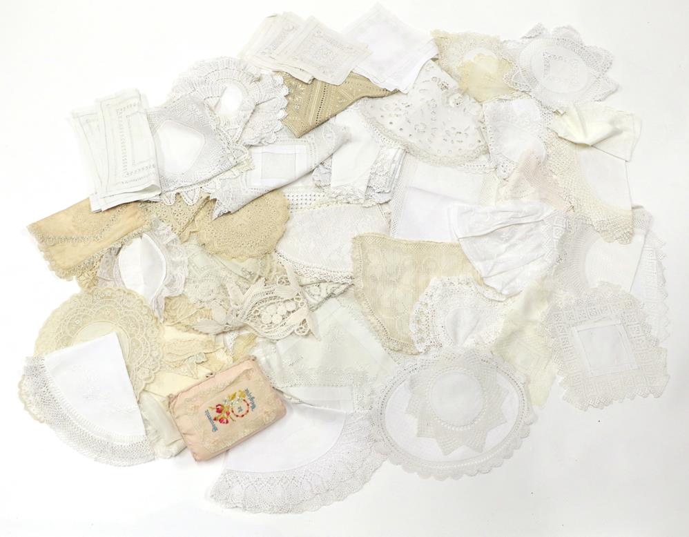 Lot 2008 - Assorted White Linen and Cotton Textiles, comprising place mats, doilies with lace and crochet...