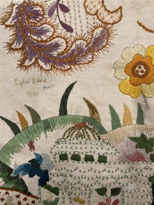 Lot 2023 - Large Circa 1940s Wool Work Panel, decorated with a central tree, with a foreground of flowers, and