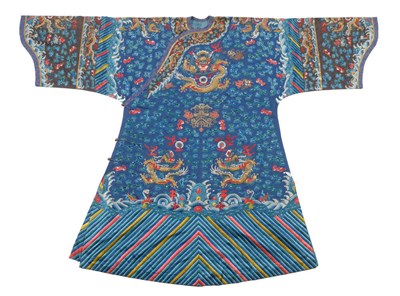 Lot 189 - A Dragon Robe, early 20th century, the indigo ground in silk embroidery and gold wrapped thread...