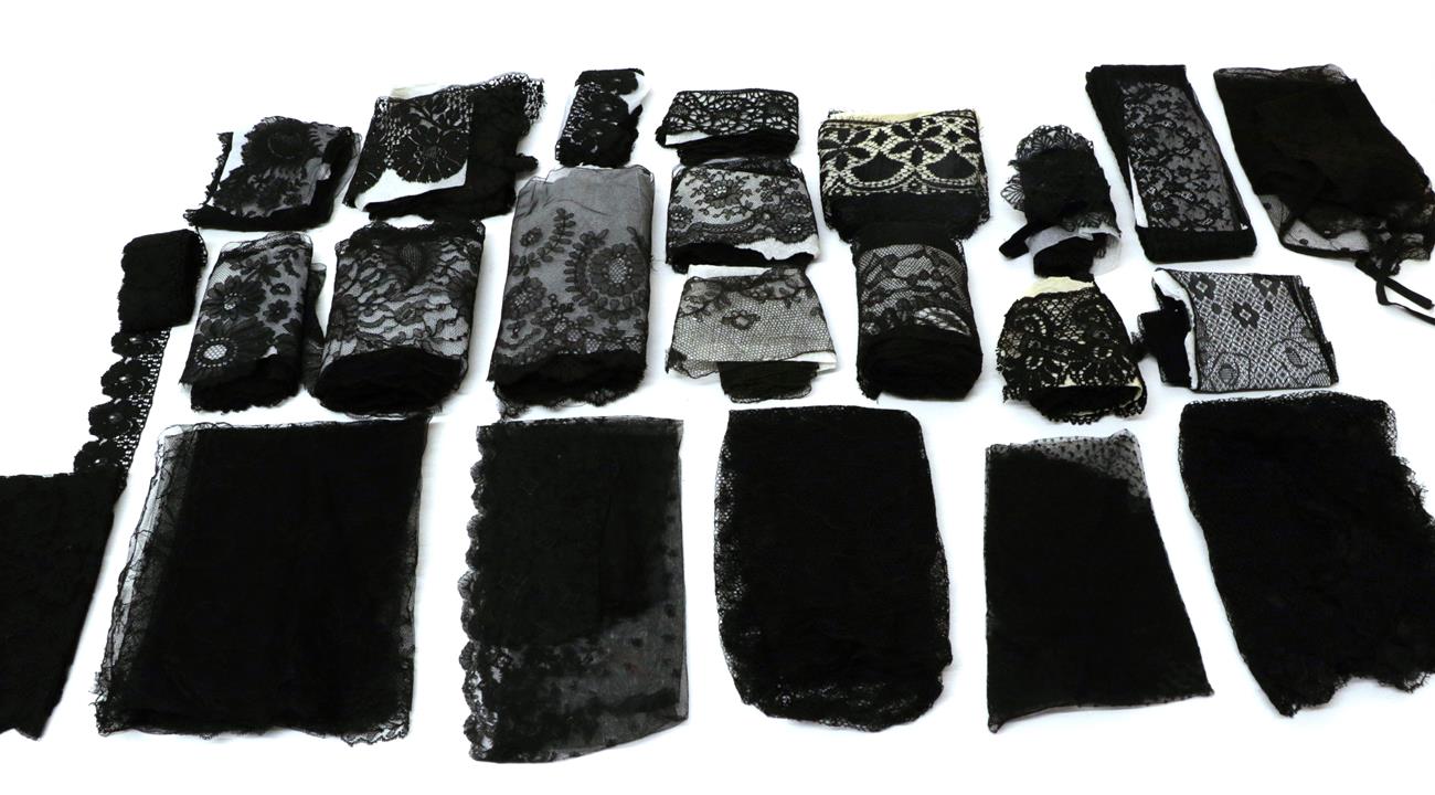 Lot 2037 - Assorted 19th/20th Century Black Lace, comprising four bonnet veils, another in Chantilly lace;...