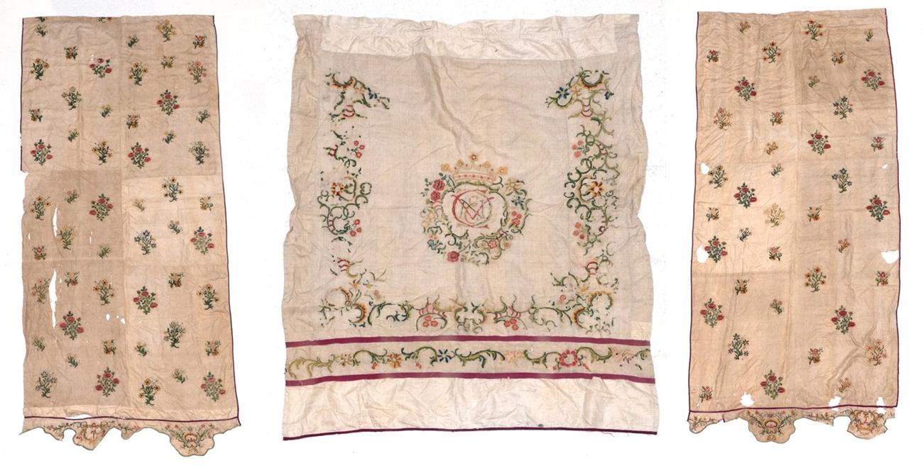 Lot 2045 - Three 19th Century Bed Drapes, comprising a curtain of cream linen, bound with plum coloured...