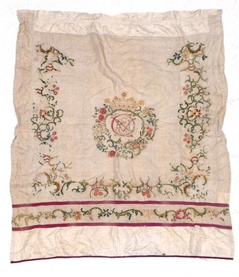 Lot 2045 - Three 19th Century Bed Drapes, comprising a curtain of cream linen, bound with plum coloured...