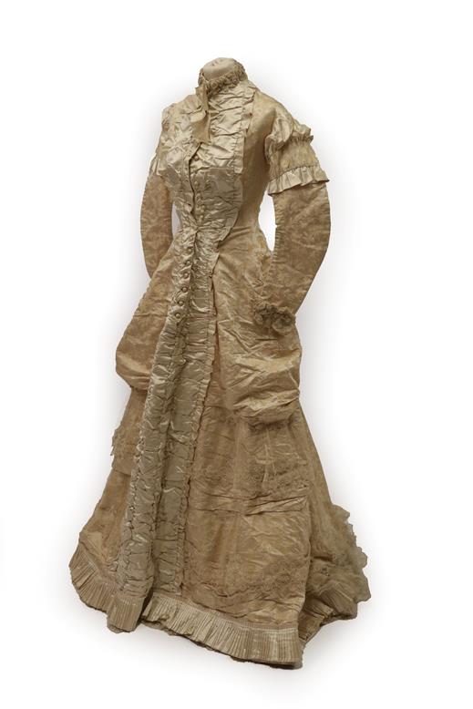 Lot 2058 - Victorian Cream Figured Silk Wedding Dress, labelled inside Miss Wharton 34 Duke Street...