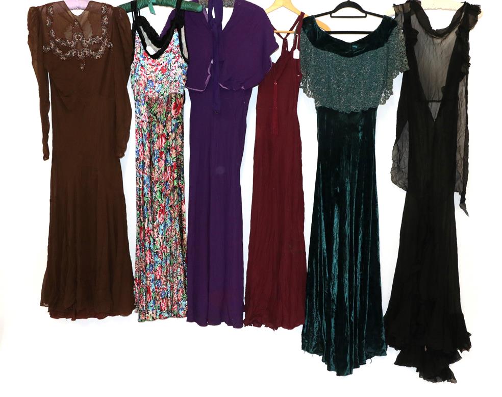 Lot 2067 - Circa 1930-40s Ladies' Eveningwear, comprising a silk floral printed bias cut evening dress, with a